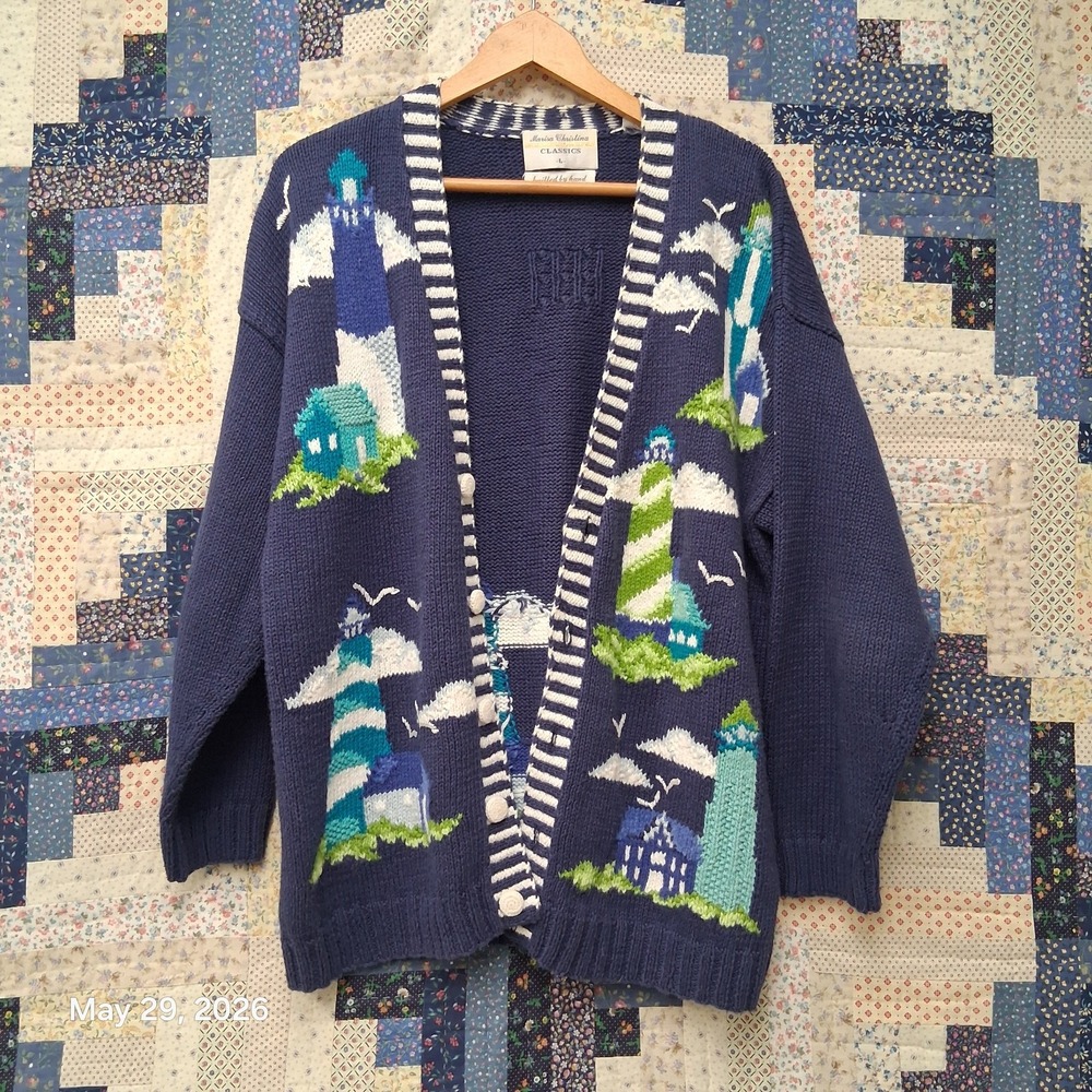 Marisa Christina Lighthouse Cardigan Hand Knitted Sweater Large Blue